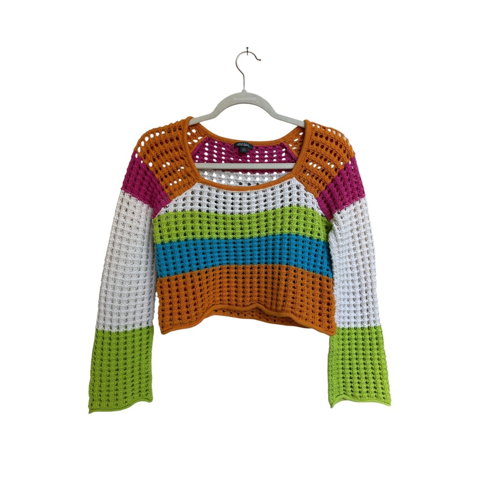 Wild Fable Square Neck Pointelle Pullover Sweater‎ Bright Striped Size XXS